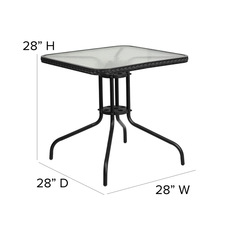 28'' Square Glass Metal Table with Black Rattan Edging and 2 Black Rattan Stack Chairs