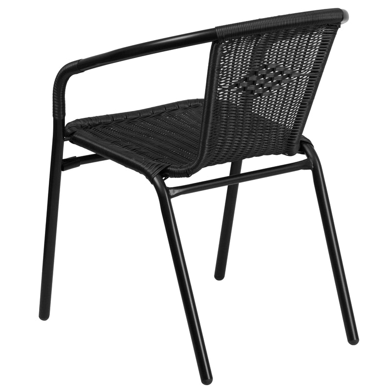 28'' Square Glass Metal Table with Black Rattan Edging and 2 Black Rattan Stack Chairs