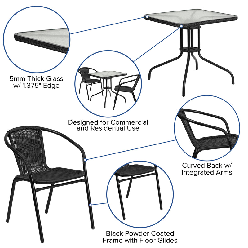 28'' Square Glass Metal Table with Black Rattan Edging and 2 Black Rattan Stack Chairs