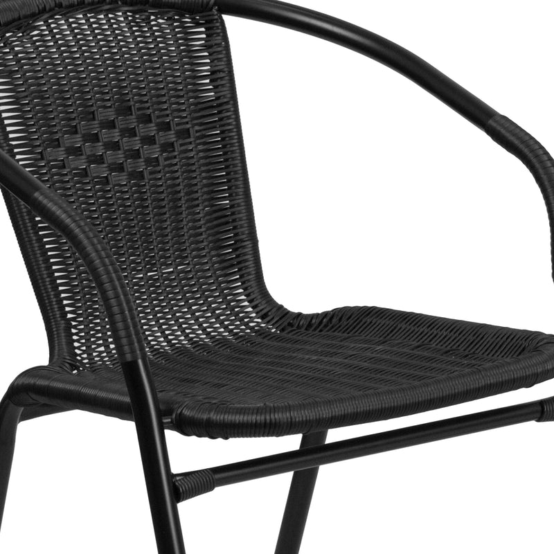 28'' Square Glass Metal Table with Black Rattan Edging and 2 Black Rattan Stack Chairs