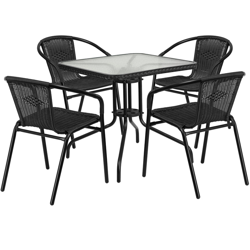 28'' Square Glass Metal Table with Black Rattan Edging and 4 Black Rattan Stack Chairs