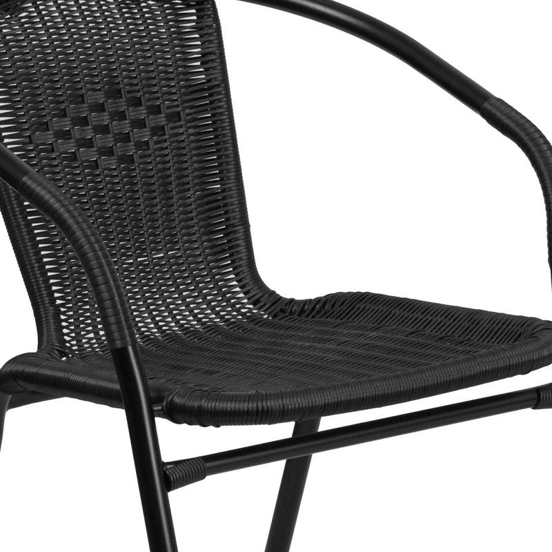 28'' Square Glass Metal Table with Black Rattan Edging and 4 Black Rattan Stack Chairs