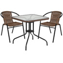 28'' Square Glass Metal Table with Dark Brown Rattan Edging and 2 Dark Brown Rattan Stack Chairs