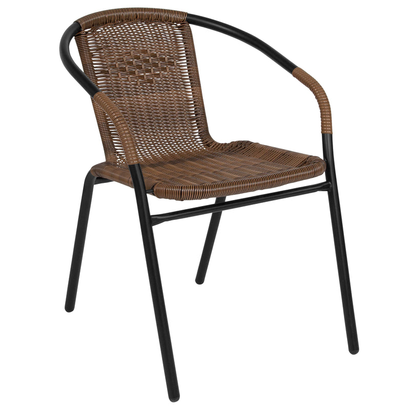 28'' Square Glass Metal Table with Dark Brown Rattan Edging and 2 Dark Brown Rattan Stack Chairs