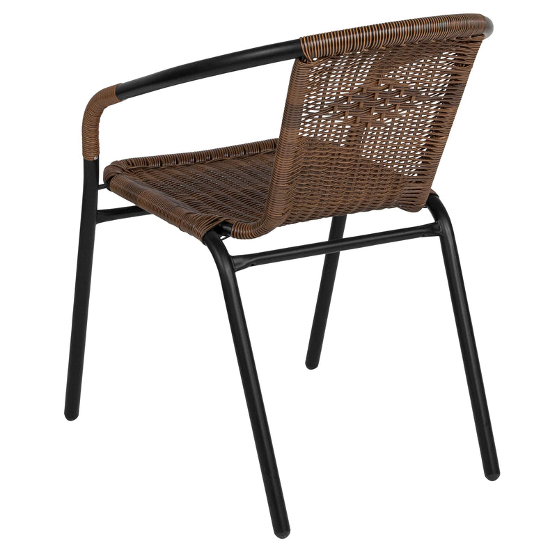 28'' Square Glass Metal Table with Dark Brown Rattan Edging and 2 Dark Brown Rattan Stack Chairs