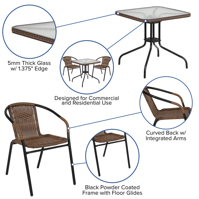 28'' Square Glass Metal Table with Dark Brown Rattan Edging and 2 Dark Brown Rattan Stack Chairs