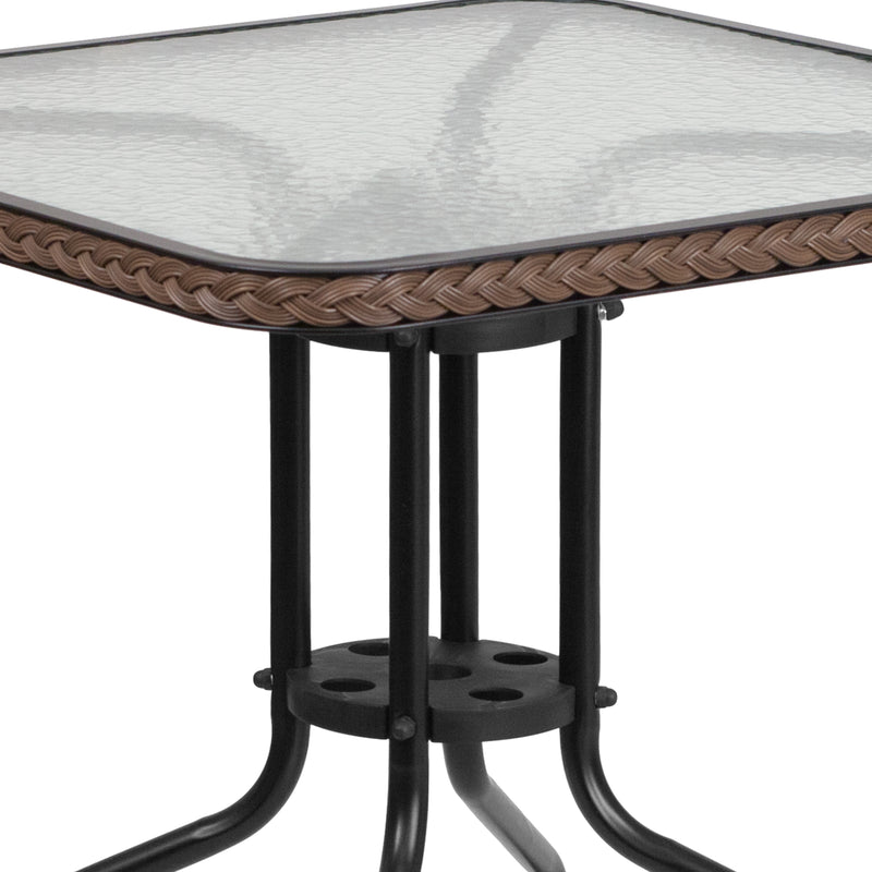 28'' Square Glass Metal Table with Dark Brown Rattan Edging and 2 Dark Brown Rattan Stack Chairs