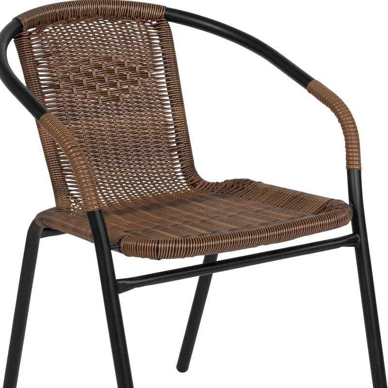 28'' Square Glass Metal Table with Dark Brown Rattan Edging and 2 Dark Brown Rattan Stack Chairs