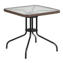 28'' Square Glass Metal Table with Dark Brown Rattan Edging and 4 Dark Brown Rattan Stack Chairs