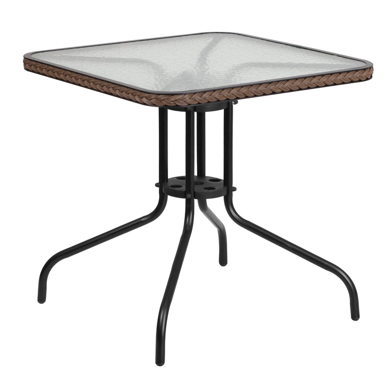 28'' Square Glass Metal Table with Dark Brown Rattan Edging and 4 Dark Brown Rattan Stack Chairs