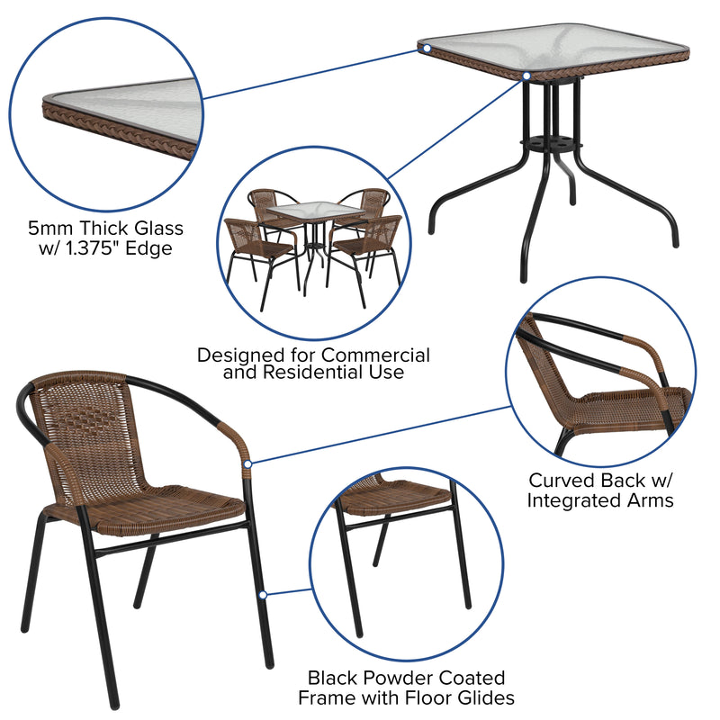 28'' Square Glass Metal Table with Dark Brown Rattan Edging and 4 Dark Brown Rattan Stack Chairs