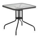 28'' Square Glass Metal Table with Gray Rattan Edging and 2 Gray Rattan Stack Chairs