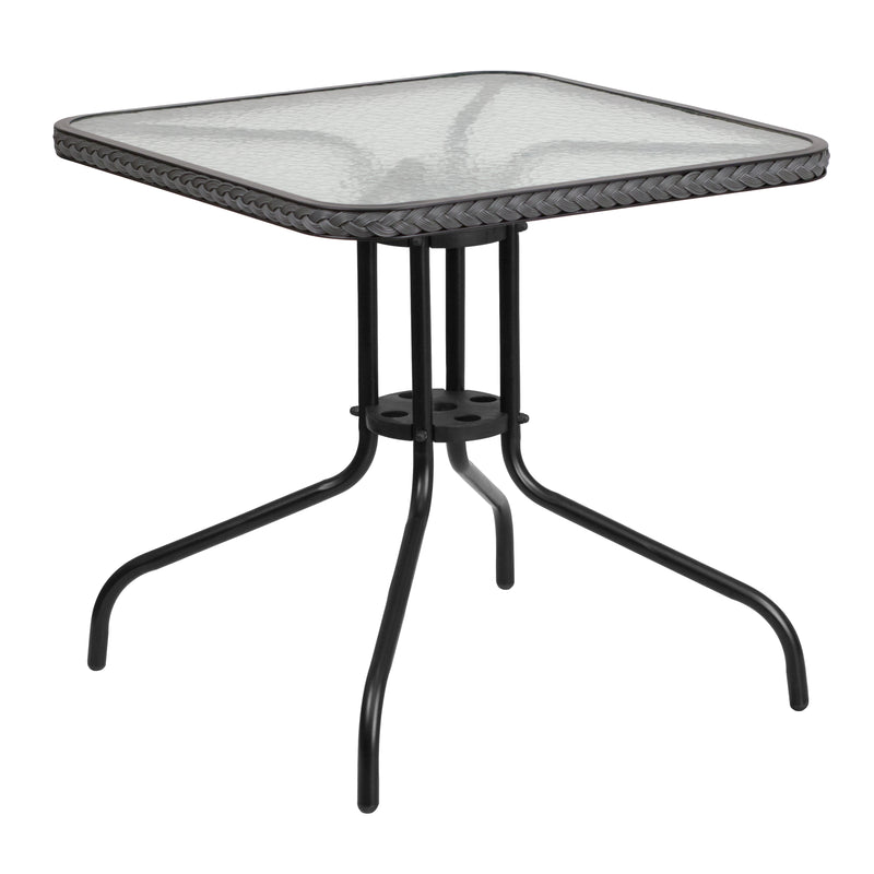 28'' Square Glass Metal Table with Gray Rattan Edging and 2 Gray Rattan Stack Chairs