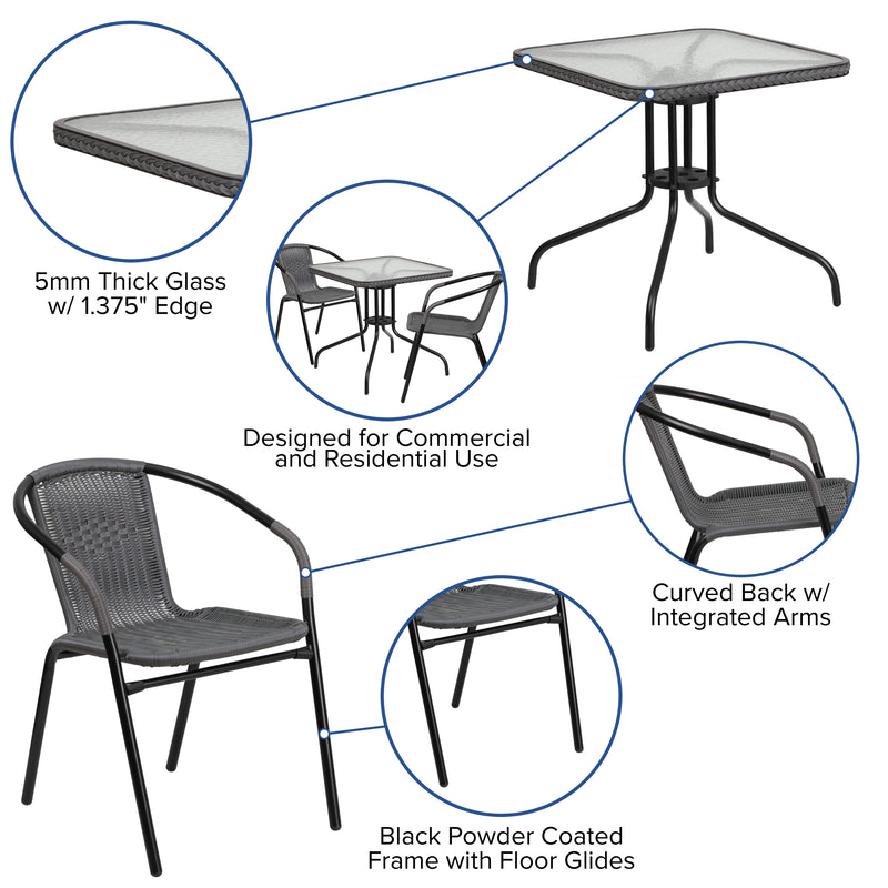 28'' Square Glass Metal Table with Gray Rattan Edging and 2 Gray Rattan Stack Chairs