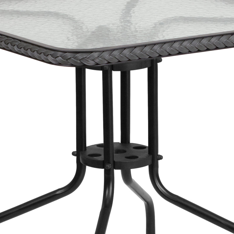 28'' Square Glass Metal Table with Gray Rattan Edging and 2 Gray Rattan Stack Chairs