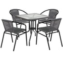 28'' Square Glass Metal Table with Gray Rattan Edging and 4 Gray Rattan Stack Chairs