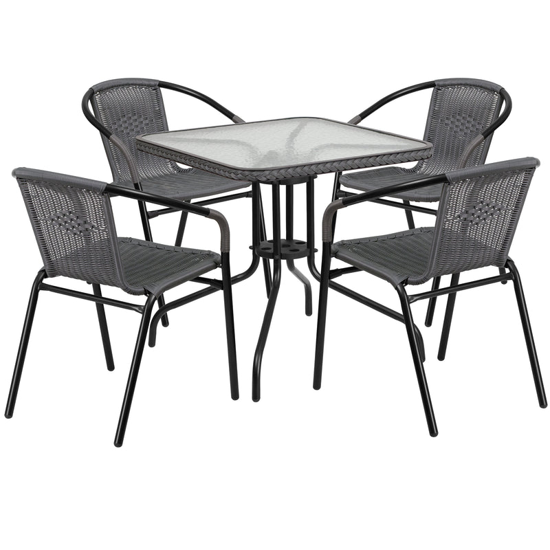 28'' Square Glass Metal Table with Gray Rattan Edging and 4 Gray Rattan Stack Chairs