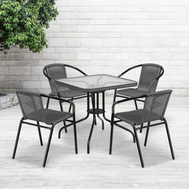 28'' Square Glass Metal Table with Gray Rattan Edging and 4 Gray Rattan Stack Chairs