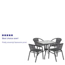 28'' Square Glass Metal Table with Gray Rattan Edging and 4 Gray Rattan Stack Chairs