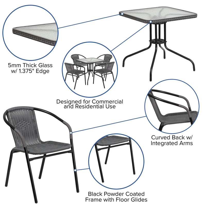 28'' Square Glass Metal Table with Gray Rattan Edging and 4 Gray Rattan Stack Chairs