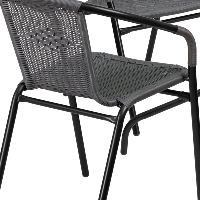 28'' Square Glass Metal Table with Gray Rattan Edging and 4 Gray Rattan Stack Chairs