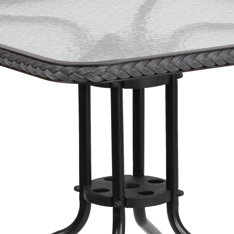 28'' Square Glass Metal Table with Gray Rattan Edging and 4 Gray Rattan Stack Chairs