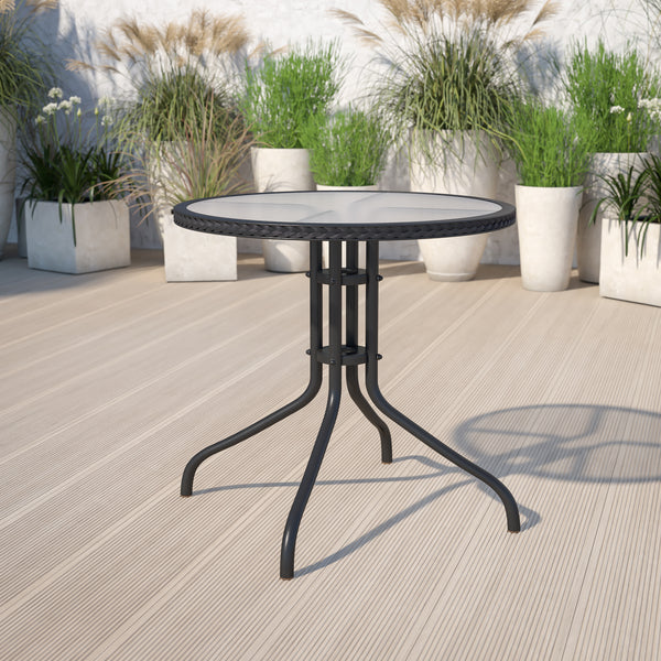 28'' Round Tempered Glass Metal Table with Black Rattan Edging