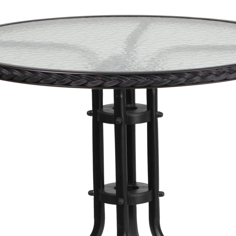 28'' Round Tempered Glass Metal Table with Black Rattan Edging