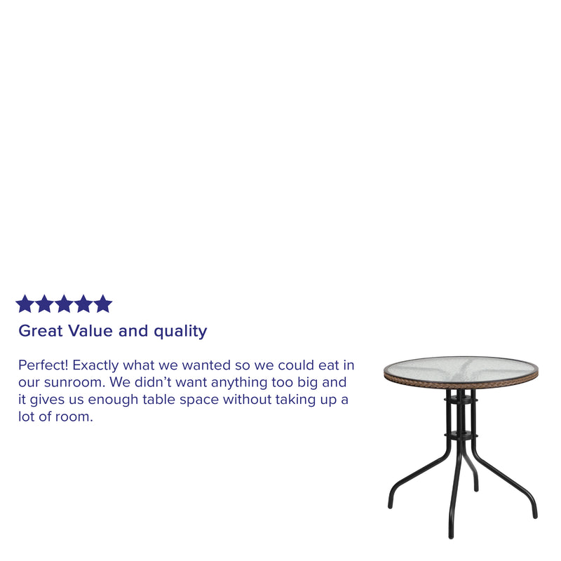 28'' Round Tempered Glass Metal Table with Dark Brown Rattan Edging