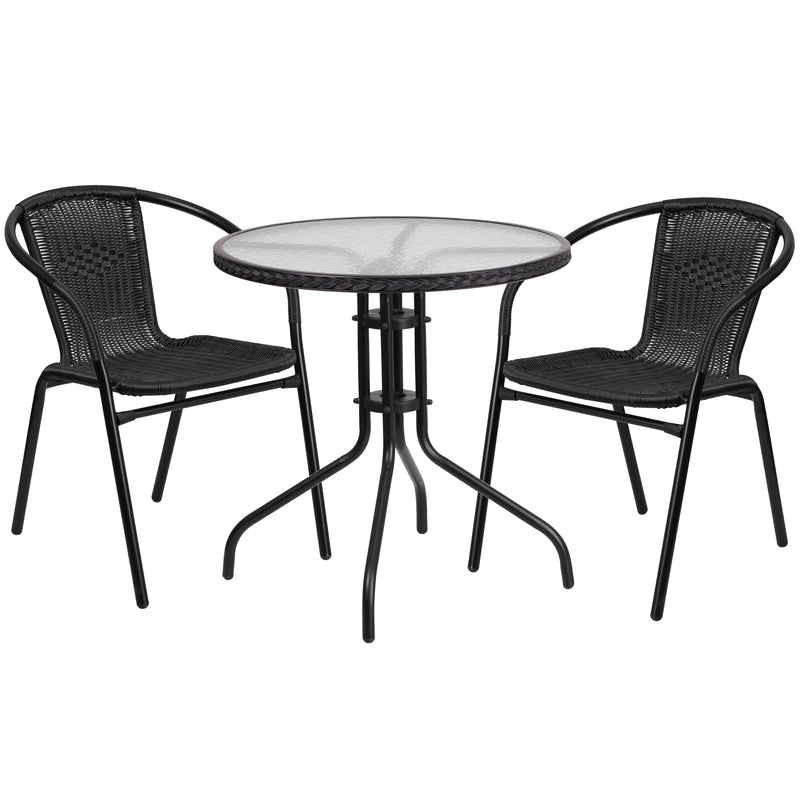 28'' Round Glass Metal Table with Black Rattan Edging and 2 Black Rattan Stack Chairs