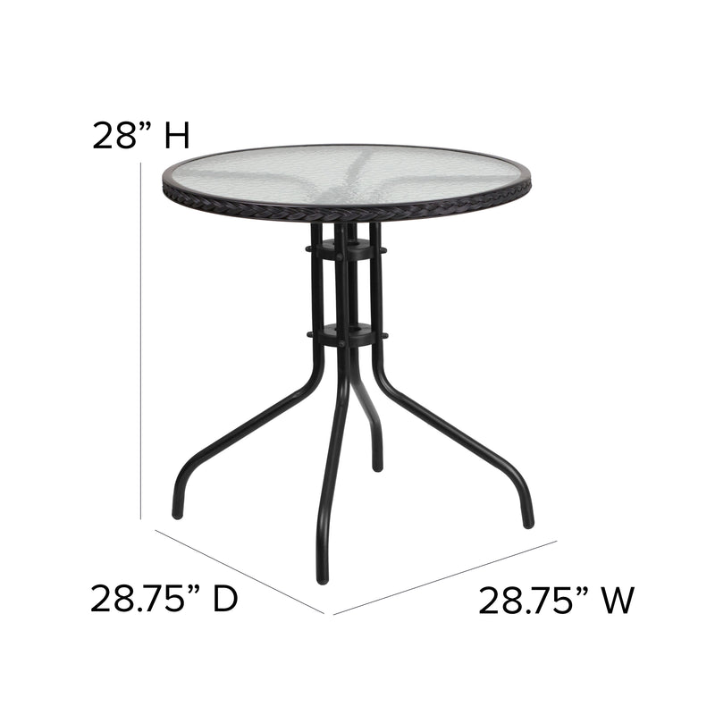 28'' Round Glass Metal Table with Black Rattan Edging and 2 Black Rattan Stack Chairs