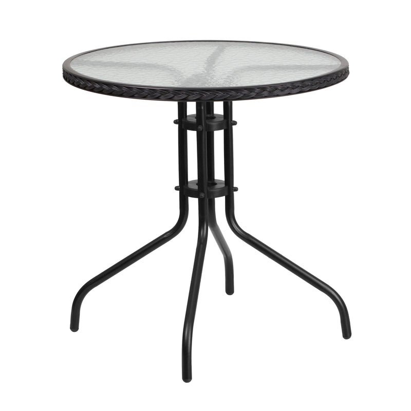 28'' Round Glass Metal Table with Black Rattan Edging and 2 Black Rattan Stack Chairs