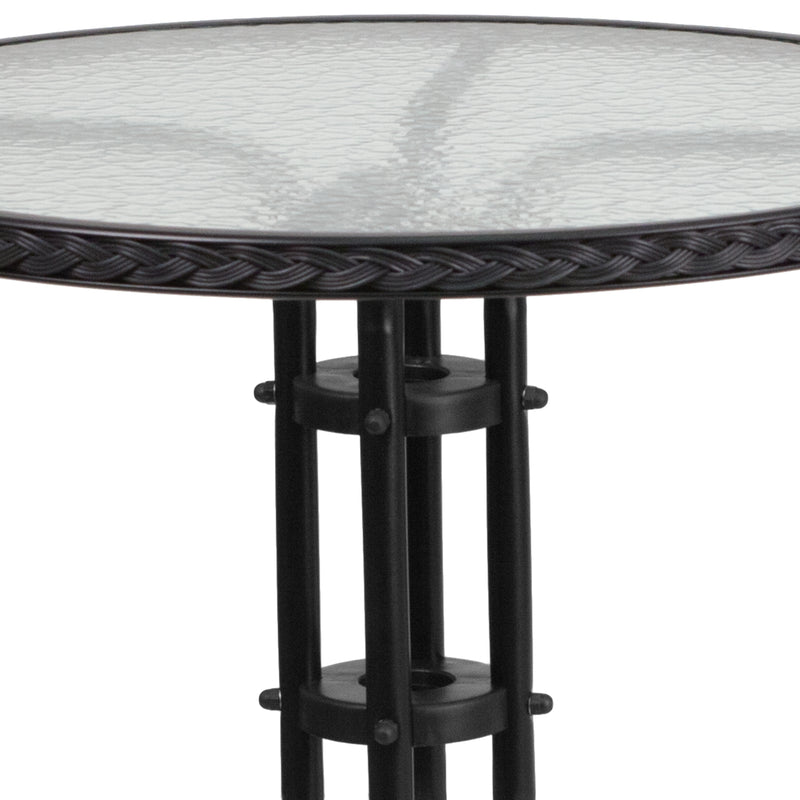 28'' Round Glass Metal Table with Black Rattan Edging and 2 Black Rattan Stack Chairs