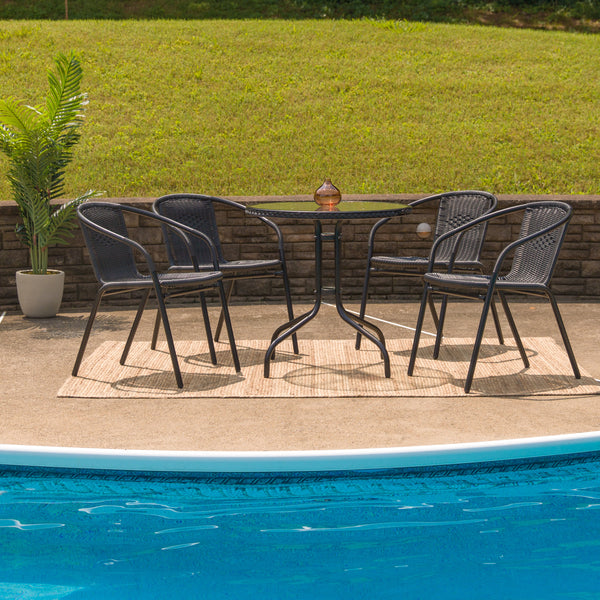 28'' Round Glass Metal Table with Black Rattan Edging and 4 Black Rattan Stack Chairs