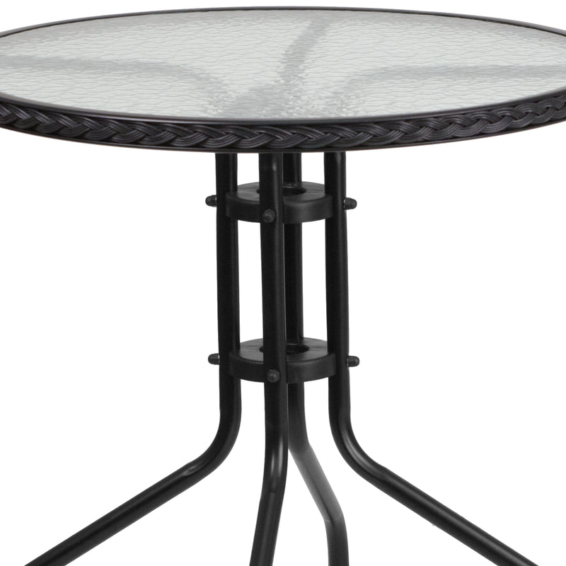 28'' Round Glass Metal Table with Black Rattan Edging and 4 Black Rattan Stack Chairs