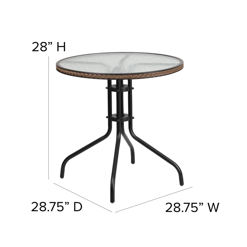 28'' Round Glass Metal Table with Dark Brown Rattan Edging and 2 Dark Brown Rattan Stack Chairs