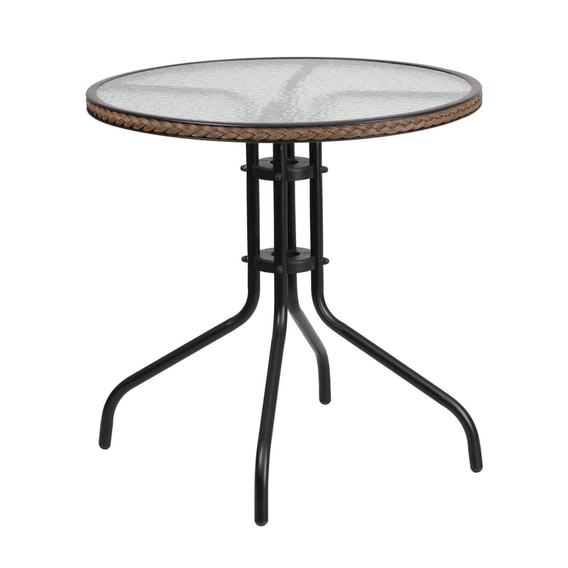 28'' Round Glass Metal Table with Dark Brown Rattan Edging and 2 Dark Brown Rattan Stack Chairs