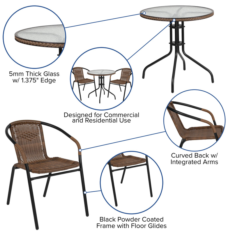 28'' Round Glass Metal Table with Dark Brown Rattan Edging and 2 Dark Brown Rattan Stack Chairs