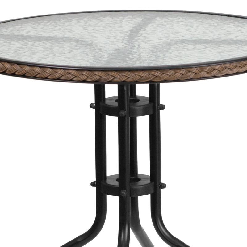 28'' Round Glass Metal Table with Dark Brown Rattan Edging and 2 Dark Brown Rattan Stack Chairs