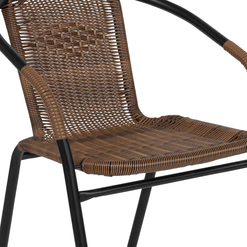 28'' Round Glass Metal Table with Dark Brown Rattan Edging and 2 Dark Brown Rattan Stack Chairs