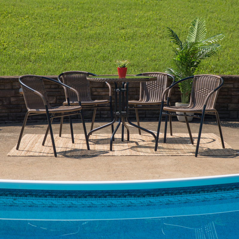 28'' Round Glass Metal Table with Dark Brown Rattan Edging and 4 Dark Brown Rattan Stack Chairs