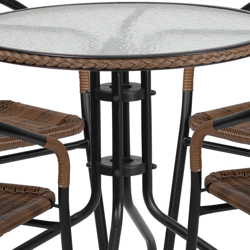 28'' Round Glass Metal Table with Dark Brown Rattan Edging and 4 Dark Brown Rattan Stack Chairs