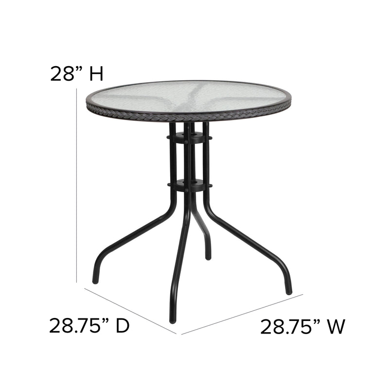 28'' Round Glass Metal Table with Gray Rattan Edging and 2 Gray Rattan Stack Chairs