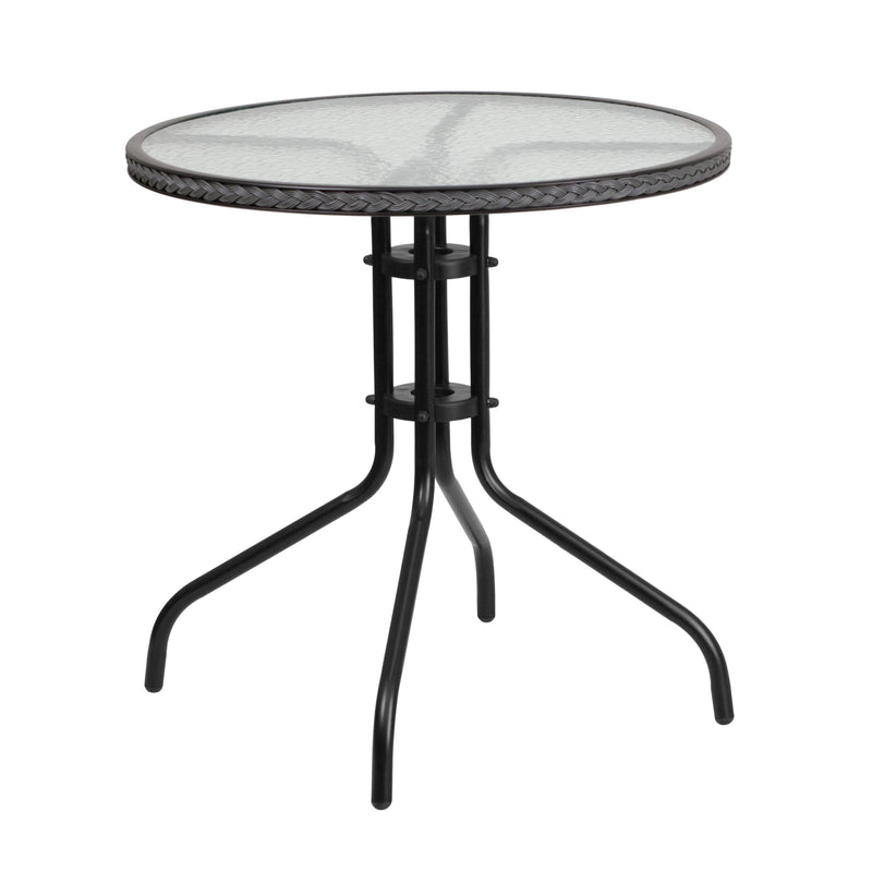 28'' Round Glass Metal Table with Gray Rattan Edging and 2 Gray Rattan Stack Chairs