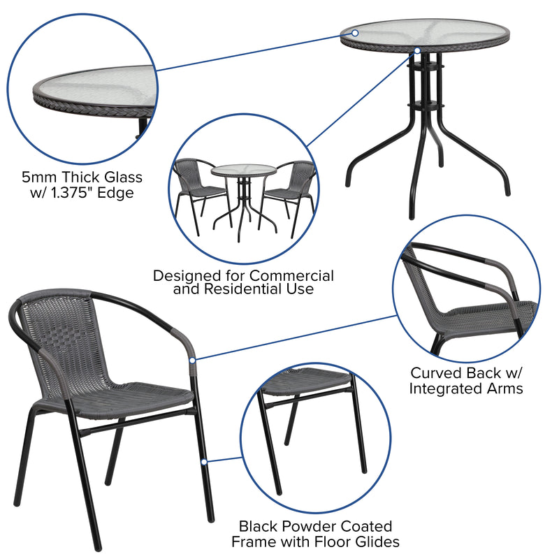 28'' Round Glass Metal Table with Gray Rattan Edging and 2 Gray Rattan Stack Chairs