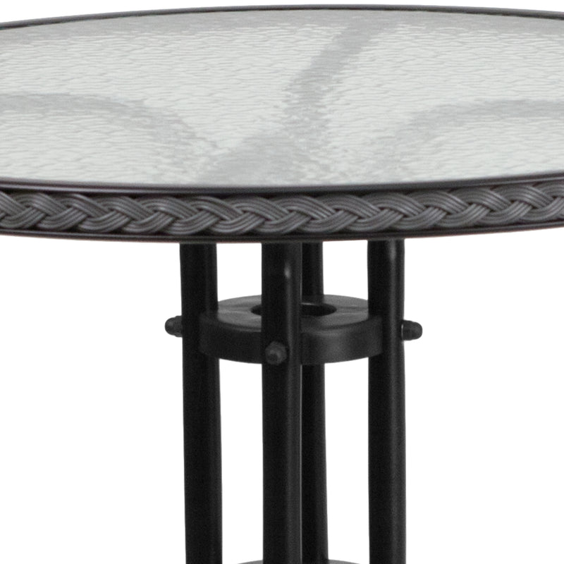 28'' Round Glass Metal Table with Gray Rattan Edging and 2 Gray Rattan Stack Chairs