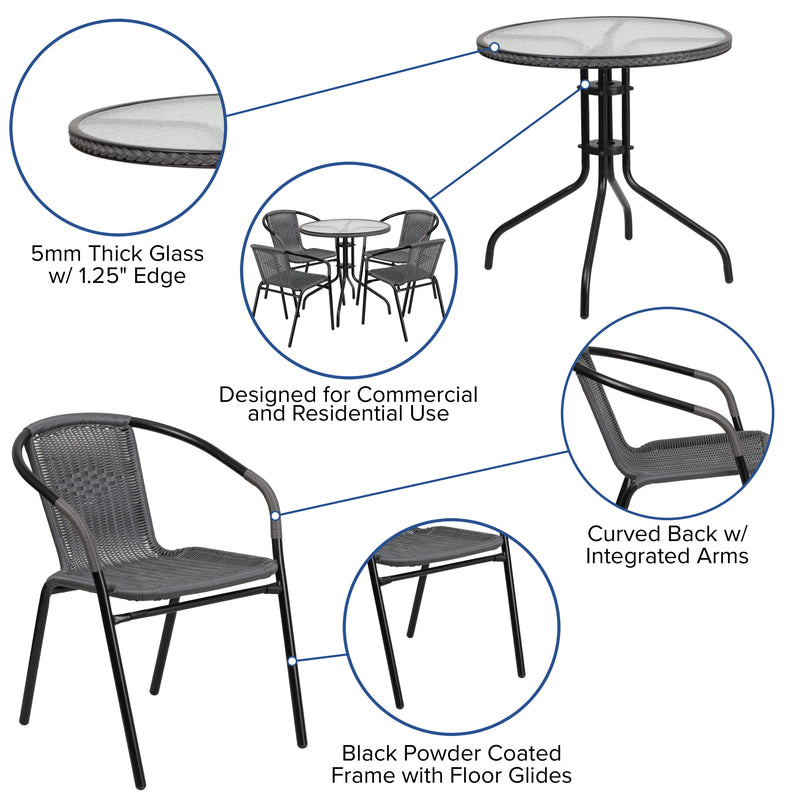 28'' Round Glass Metal Table with Gray Rattan Edging and 4 Gray Rattan Stack Chairs