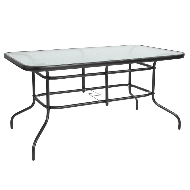 31.5" x 55" Rectangular Tempered Glass Metal Table with Umbrella Hole