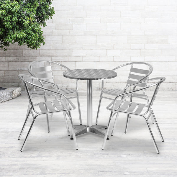 23.5'' Round Aluminum Indoor-Outdoor Table Set with 4 Slat Back Chairs