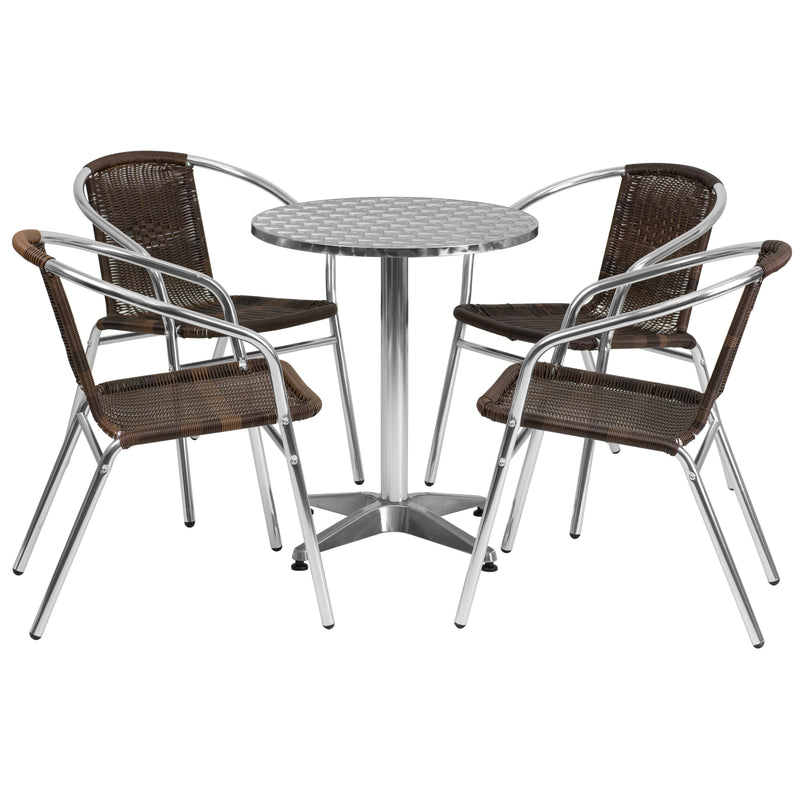 23.5'' Round Aluminum Indoor-Outdoor Table Set with 4 Dark Brown Rattan Chairs